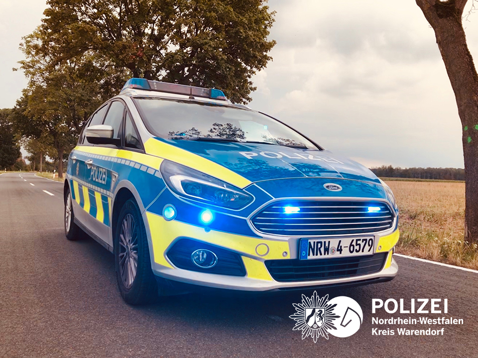 Polizeiauto mit Blaulicht vor Baum und Feld 