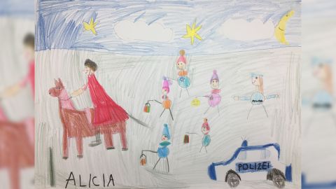 gemaltes Kinderbild, Sankt Martin mit Polizei
