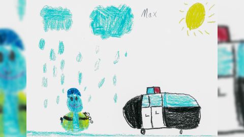 gemaltes Kinderbild, Polizeieinsatz im Regen