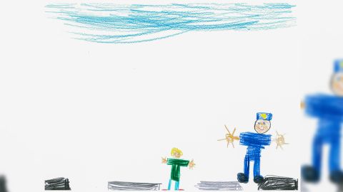 gemaltes Kinderbild, Kind mit Polizist/in