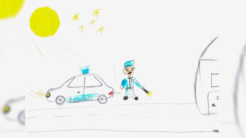 gemaltes Kinderbild, Polizist/in mit Taschenlampe