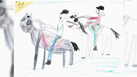 gemaltes Kinderbild, zwei PolistInnen der Reiterstaffel