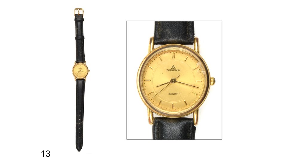 goldene Armbanduhr Dugena mit schwarzem Lederarmband
